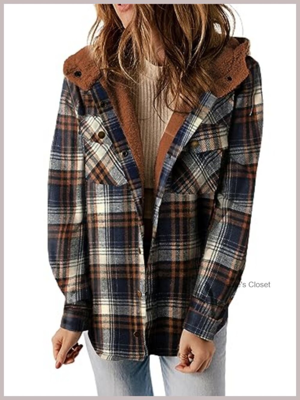 Womens Plaid Fleece Lined Hooded Shacket Jacket Winter Coat